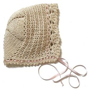 Vintage Crocheted Baby Bonnet with Silk Ribbon